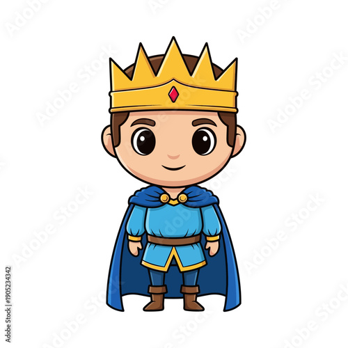 Cute Cartoon King Character with Crown and Blue Cape