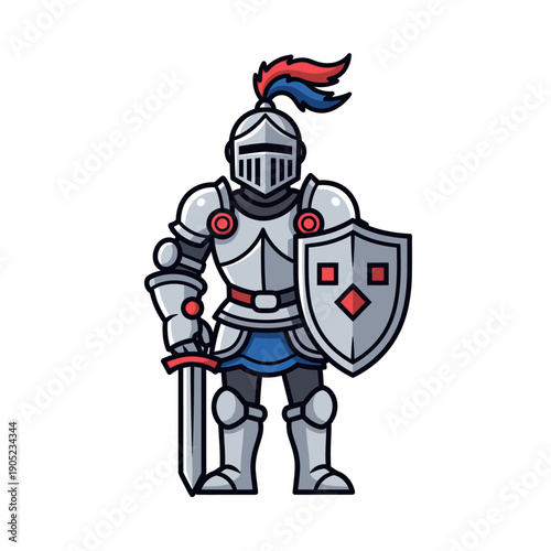 Cartoon Knight in Shining Armor with Sword and Shield, Medieval Warrior Illustration