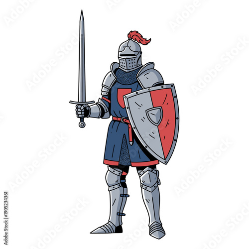 Medieval Knight in Armor with Sword and Shield, Blue and Red Tunic, White Background