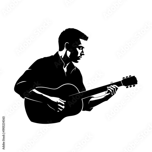 Silhouette of a man playing acoustic guitar, black and white, isolated on white background