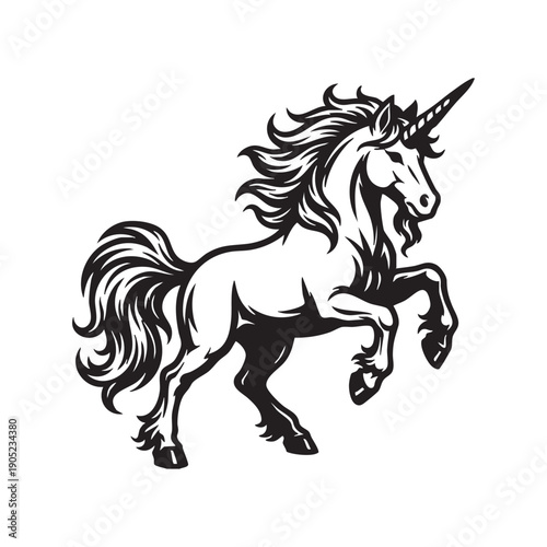 An elegant unicorn stands proudly, embodying myth, magic, and grace. The silhouette, in black and white, exudes timeless appeal.