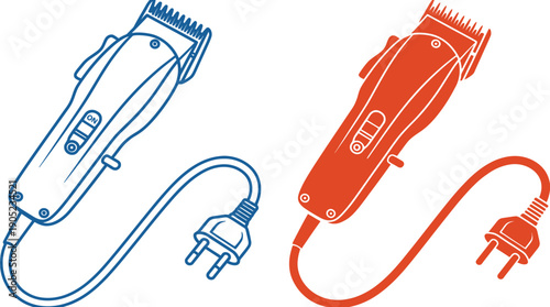 Two stylized electric hair clippers, one blue and one orange, with cords and plugs
