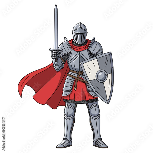Medieval Knight In Full Armor Holding Sword and Shield, Red Cape