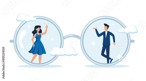 Two people waving inside glasses, one in a blue dress, the other in a suit