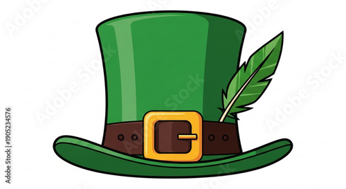 Green Leprechaun Hat with Feather and Gold Buckle Isolated on White