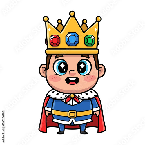 Cute Cartoon King Boy with Crown and Red Cape, Smiling, Isolated on White