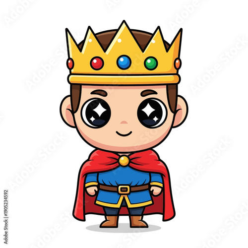 Cute Cartoon King Wearing Crown and Red Cape, Chibi Style