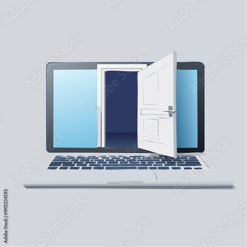 Laptop with open door on screen symbolizing access to new opportunities and digital world.