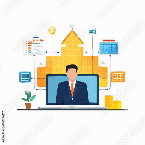 Businessman working on laptop with financial growth charts and graphs.