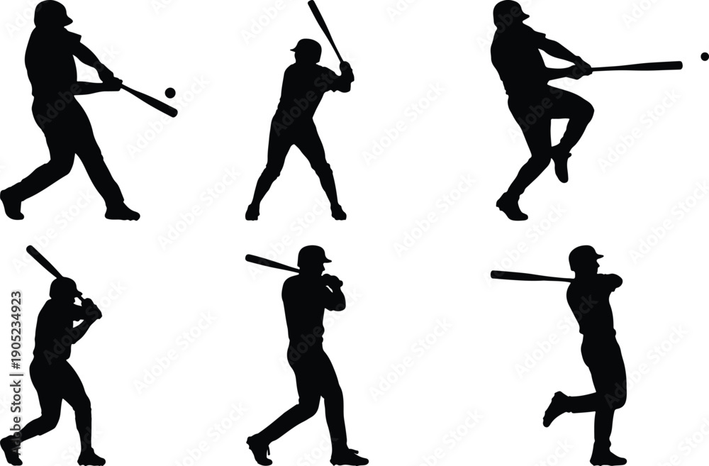 Fototapeta premium Baseball player silhouettes hitting ball, batting poses