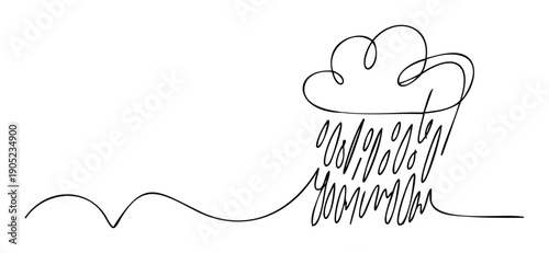 Minimalist continuous line drawing depicting a cloud raining over gentle hills, perfect for weather forecasts, environmental graphics, or simple abstract backgrounds for various media.