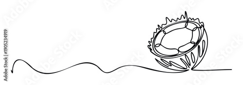 Single line drawing of a refreshing tropical coconut with a wavy continuous stroke, perfect for health beverage branding, summer party invitations, or exotic travel promotions.
