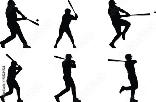 Baseball player silhouettes hitting ball, batting poses