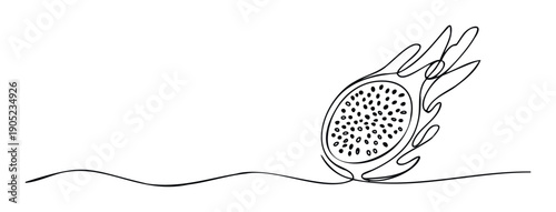 Stylish single line sketch of exotic pitaya fruit cut open revealing seeds, ideal for organic food packaging, healthy lifestyle content, and modern culinary projects.