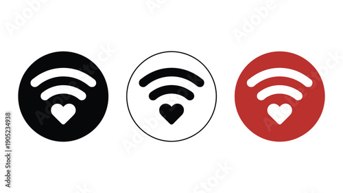 Three Wi-Fi signal with a heart at the bottom, in black, white, and red