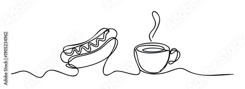 Minimalist continuous line drawing of a classic hot dog with mustard and a steaming hot coffee cup, perfect for fast food advertisements or cafe menu graphics