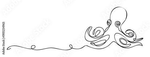 Minimalist single continuous line drawing of an octopus swimming in the ocean, perfect for marine life promotions, educational materials, or decorative graphic projects