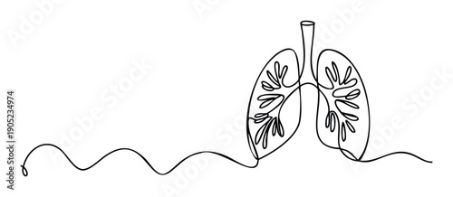 Continuous line drawing of human lungs with a trachea and a wavy line representing breath, ideal for medical, health, and wellness related content