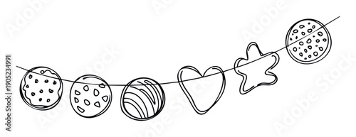 Playful doodle string of various sweet cookies and biscuits like chocolate chip heart and star shapes creating a charming garland for festive celebrations and bakery advertising.