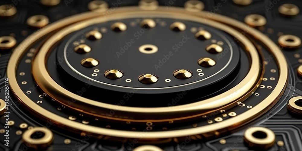 Fototapeta premium Close-Up of Gold Circular Circuitry on Black Background