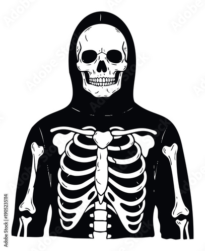 A spooky skeletal figure wearing a hooded sweatshirt depicts a chilling Halloween or death theme, perfect for apparel, posters, or eerie event decorations