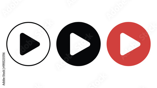 Three Play Button Outline, Black, and Red
