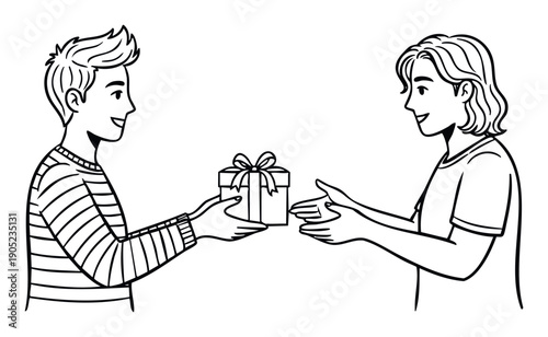Joyful young people in a thoughtful exchange, with one offering a neatly wrapped present to another, perfect for illustrating festive greetings and special occasion themes.