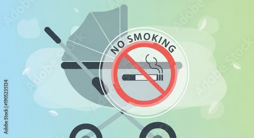 No smoking sign on baby stroller with smoke gradient background