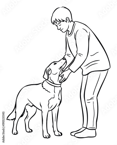 Young boy gently petting his beloved dog showcasing a heartwarming moment of companionship and care perfect for animal welfare materials or childrens pet storybooks