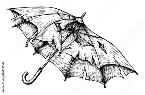 Explore this striking black and white engraving of a tattered and wornout umbrella, ideal for symbolizing bad luck, obsolescence, or persistent challenges in various design applications.