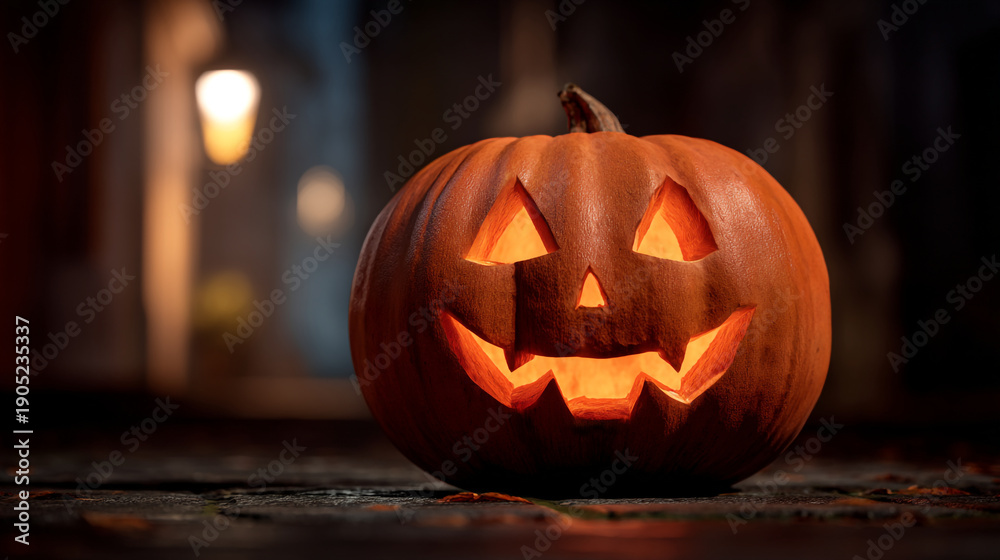 Fototapeta premium Halloween Pumpkin Jack-o'-Lantern with a Smiling Face