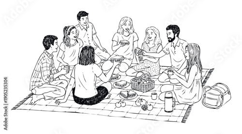 A joyful group of young adults enjoying an outdoor picnic together, sharing food and drinks on a checkered blanket for lifestyle and social media content