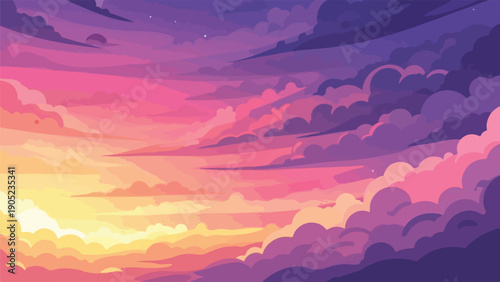 Pixelated artwork showing a vibrant sunset with layered clouds