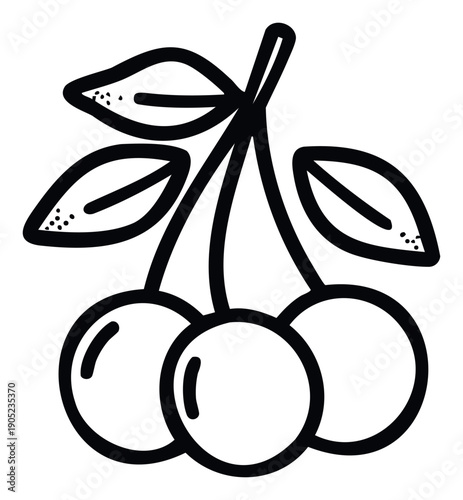 Stylized graphic of three fresh cherries on a stem with leaves, perfect for childrens books, cooking blogs, farmers market signage, food product packaging, and healthy snack advertisements.