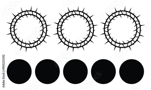 Three Black and White Crown of Thorns Symbols with Five Black Circles
