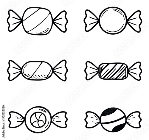 Collection of wrapped sweet candies featuring various shapes and decorative wrappers perfect for confectionery branding, packaging designs, or playful foodrelated graphics