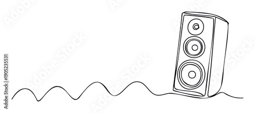 Sleek single line graphic of an audio tower speaker generating wavy sound signals perfect for music related advertisements technology product packaging or concert event marketing materials