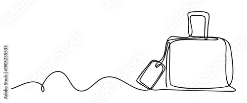 Continuous line drawing depicting an elegant perfume bottle with an attached price tag, perfect for modern beauty branding, fragrance advertising, or minimalist shopping promotions.