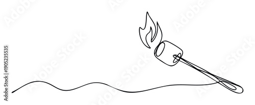 Continuous line drawing of a marshmallow on a stick roasting over a flame, perfect for sweet treat recipes, camping guides, and simple graphic elements