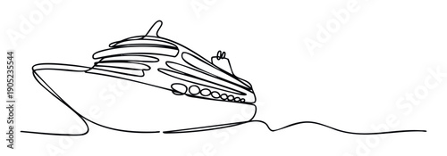 A stylish continuous line drawing of a large passenger cruise ship sailing on ocean waves, perfect for travel agency advertisements or summer vacation promotions