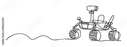 Continuous line drawing depicting a futuristic space exploration rover on a winding path, suitable for themes of science, technology, and cosmic discovery.