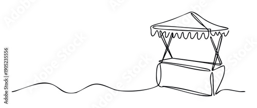 Minimalist continuous line drawing of a street market stall or outdoor kiosk with a small canopy, perfect for event promotions, food vendor branding, or simple graphic design needs.