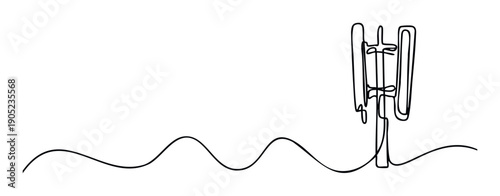 A minimalist continuous line drawing depicting a cellular tower transmitting a wavy signal, symbolizing global communication and digital connectivity for modern technology and