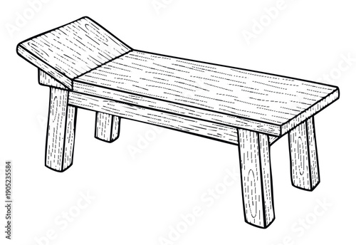 A sturdy rustic wooden bench drawing, featuring an angled backrest and simple construction, ideal for use in various outdoor lifestyle, home renovation, or garden design related