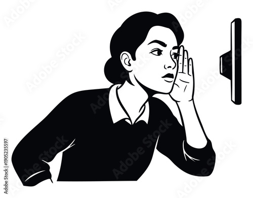 A focused woman intently listening with her hand cupped to her ear near a screen, portraying concepts of curiosity, attention, and observation perfect for communication and newsrelated