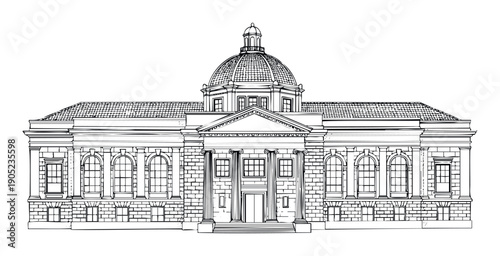 Detailed architectural drawing of a grand classical building featuring a prominent central dome and Ionic columns, perfect for historical presentations, educational resources, or graphic