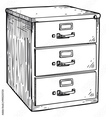 A classic three drawer filing cabinet line drawing perfect for illustrating office organization historical bureaucracy or document storage concepts in various professional and educational