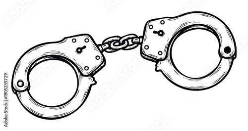 Classic interconnected metal handcuffs depicted in a traditional sketch style, embodying themes of law enforcement, justice, and security for legal and crimerelated content.