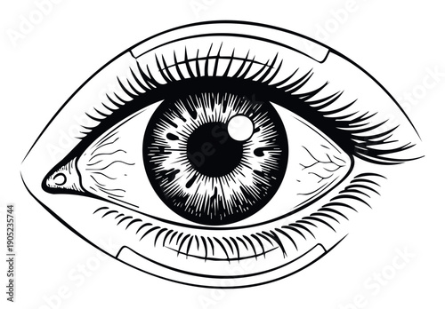 Mystical human eye looking straight ahead with detailed iris and eyelashes, perfect for spiritual, occult, or visionary graphic applications and tattoo inspiration.