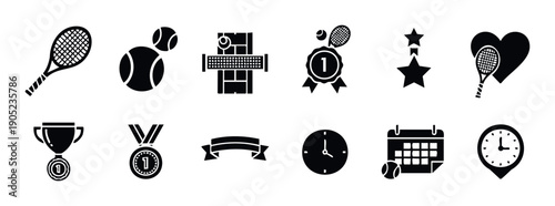 Professional tennis sport related black glyph icon set representing equipment, courts, trophies, and scheduling for various athletic event applications
